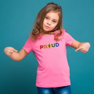 Girl wears pink with proud written in rainbow colours